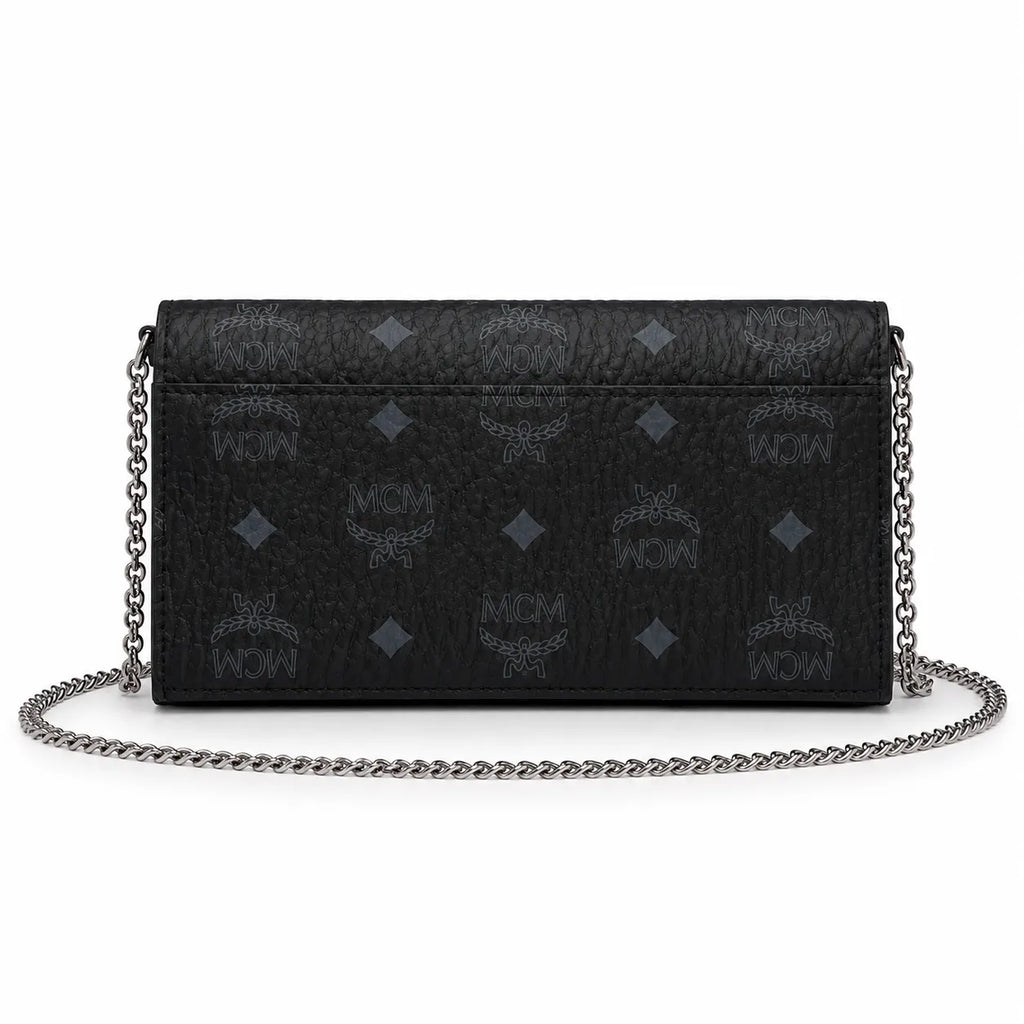 MCM Black Visetos Monogram Chain Shoulder Bag – Flap Crossbody Bag with Silver-Tone Hardware