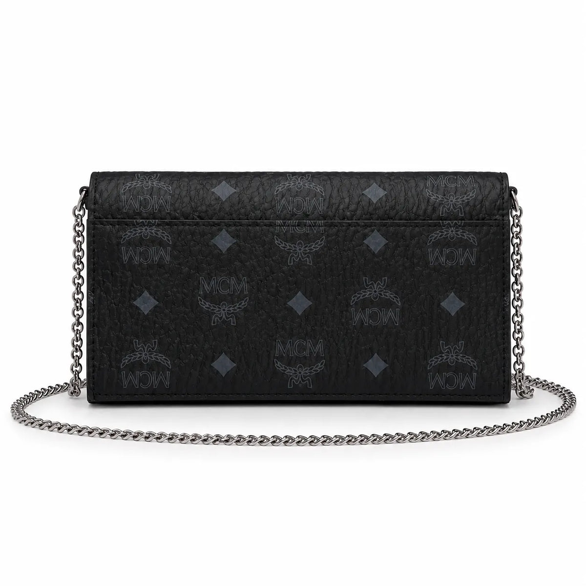 MCM Black Visetos Monogram Chain Shoulder Bag – Flap Crossbody Bag with Silver-Tone Hardware
