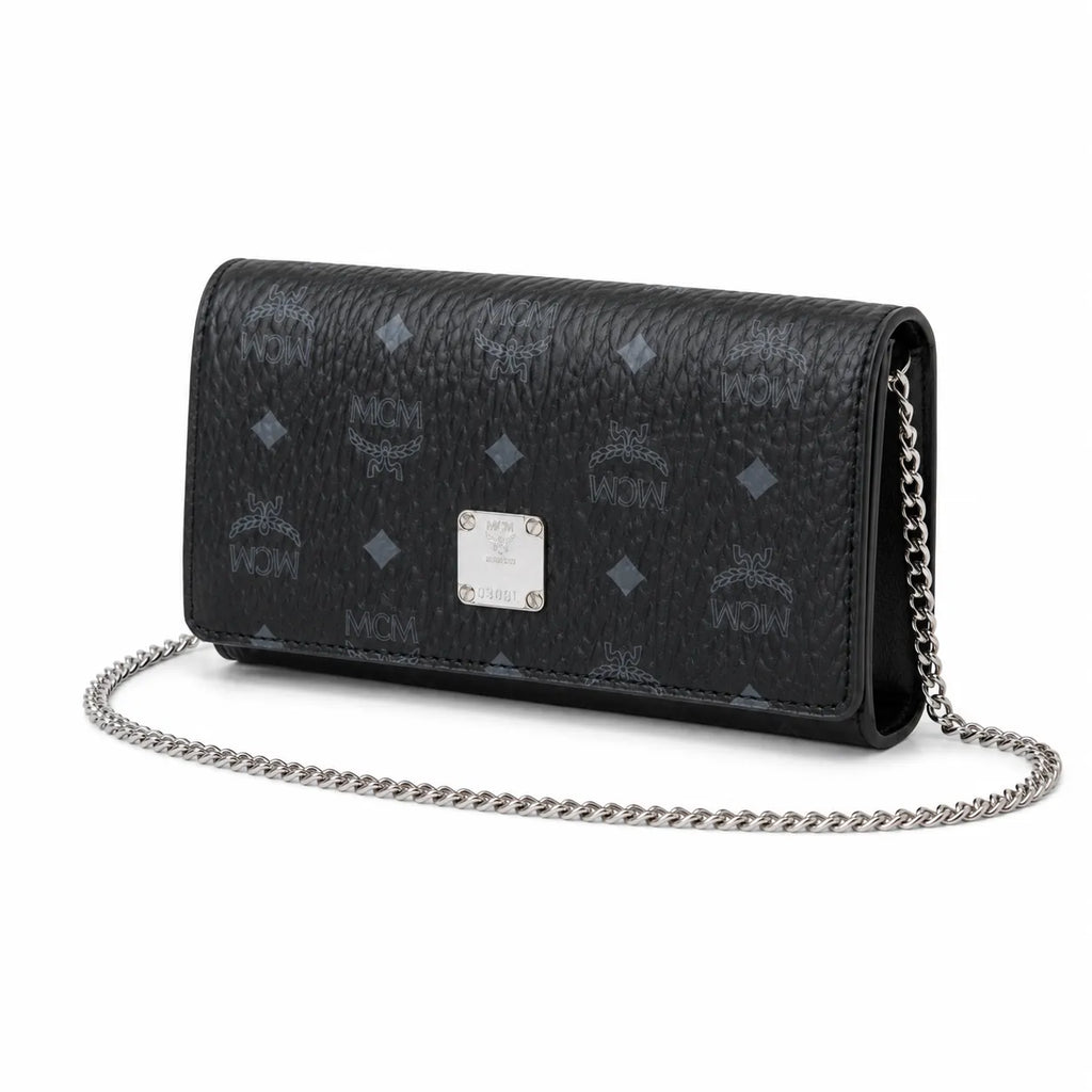 MCM Black Visetos Monogram Chain Shoulder Bag – Flap Crossbody Bag with Silver-Tone Hardware