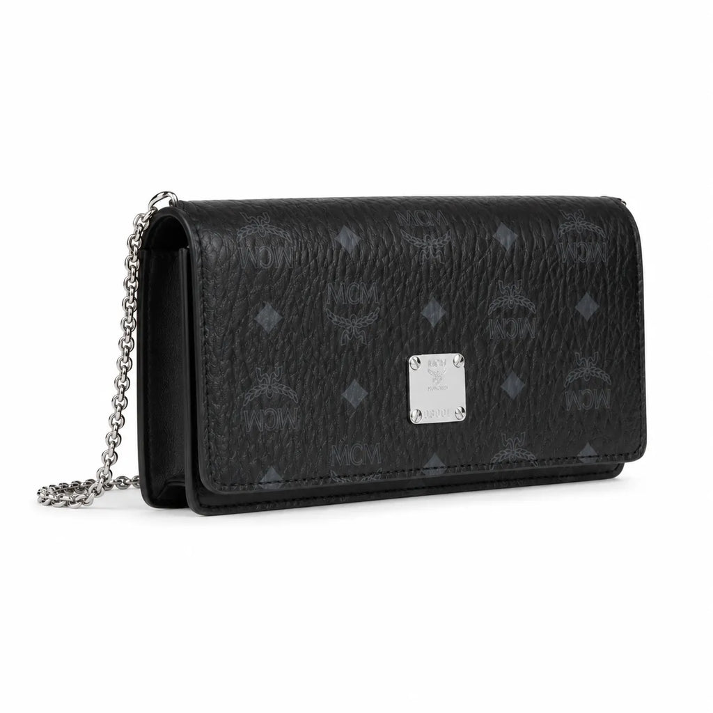 MCM Black Visetos Monogram Chain Shoulder Bag – Flap Crossbody Bag with Silver-Tone Hardware