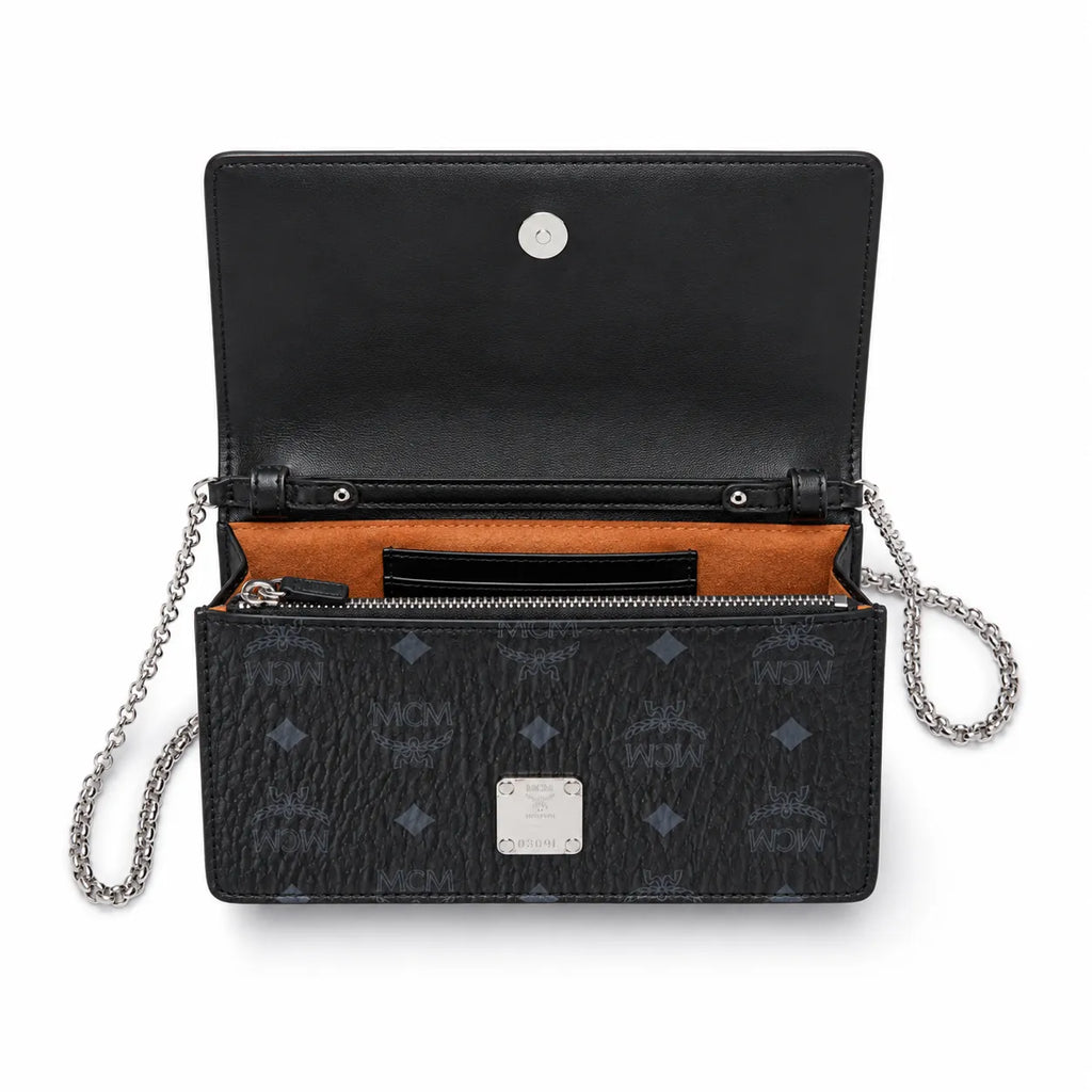 MCM Black Visetos Monogram Chain Shoulder Bag – Flap Crossbody Bag with Silver-Tone Hardware