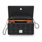 MCM Black Visetos Monogram Chain Shoulder Bag – Flap Crossbody Bag with Silver-Tone Hardware