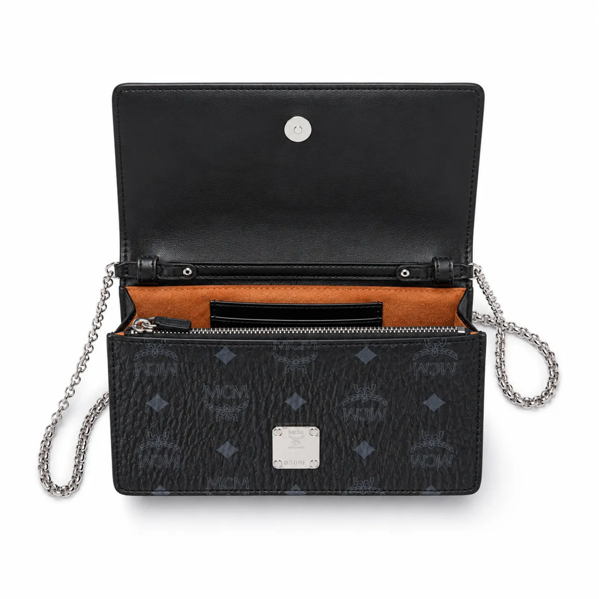MCM Black Visetos Monogram Chain Shoulder Bag – Flap Crossbody Bag with Silver-Tone Hardware