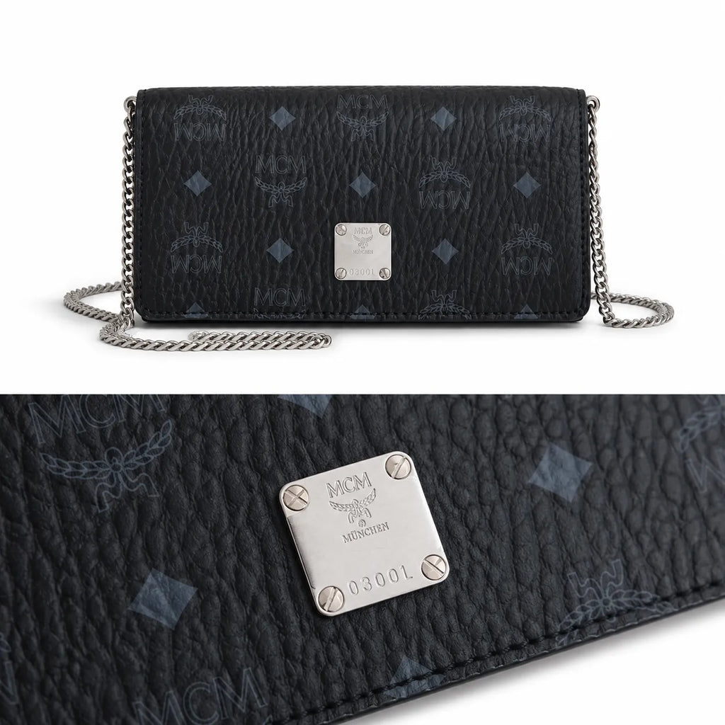 MCM Black Visetos Monogram Chain Shoulder Bag – Flap Crossbody Bag with Silver-Tone Hardware