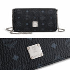 MCM Black Visetos Monogram Chain Shoulder Bag – Flap Crossbody Bag with Silver-Tone Hardware