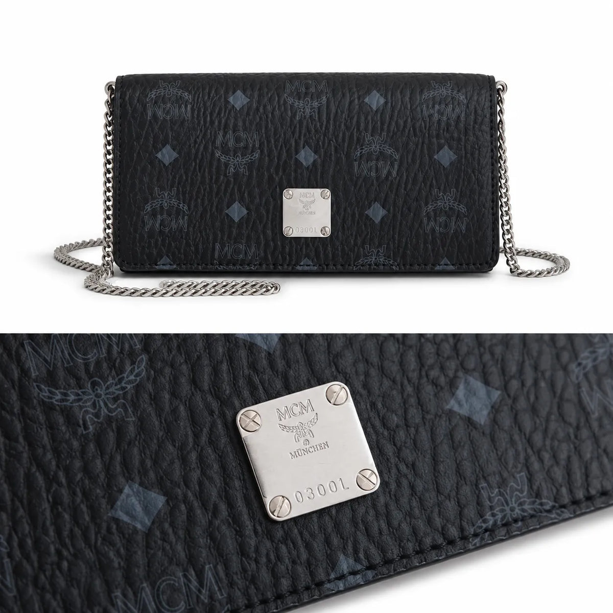 MCM Black Visetos Monogram Chain Shoulder Bag – Flap Crossbody Bag with Silver-Tone Hardware