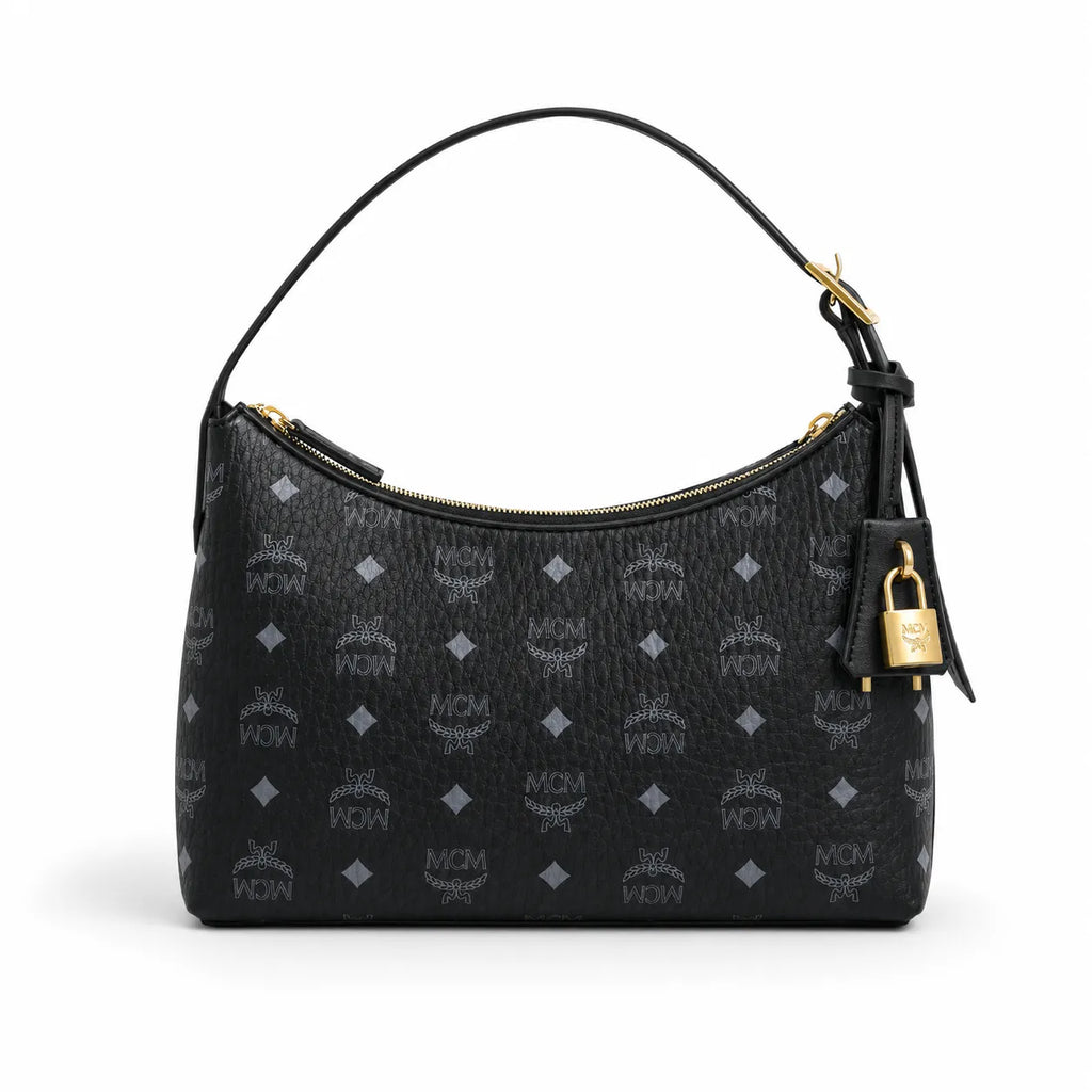 MCM Black Visetos Monogram Hobo Bag – Zip-Top Shoulder Bag with Gold-Tone Hardware and Lock Charm