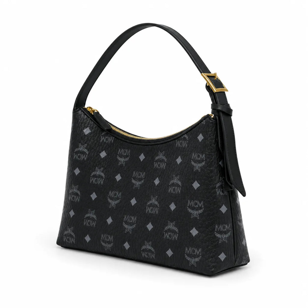 MCM Black Visetos Monogram Hobo Bag – Zip-Top Shoulder Bag with Gold-Tone Hardware and Lock Charm