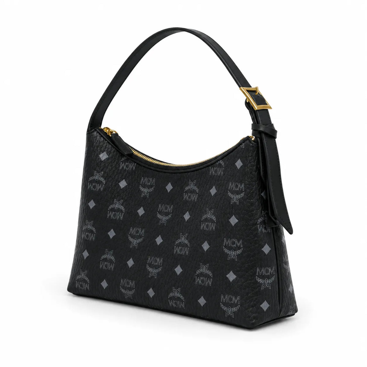 MCM Black Visetos Monogram Hobo Bag – Zip-Top Shoulder Bag with Gold-Tone Hardware and Lock Charm