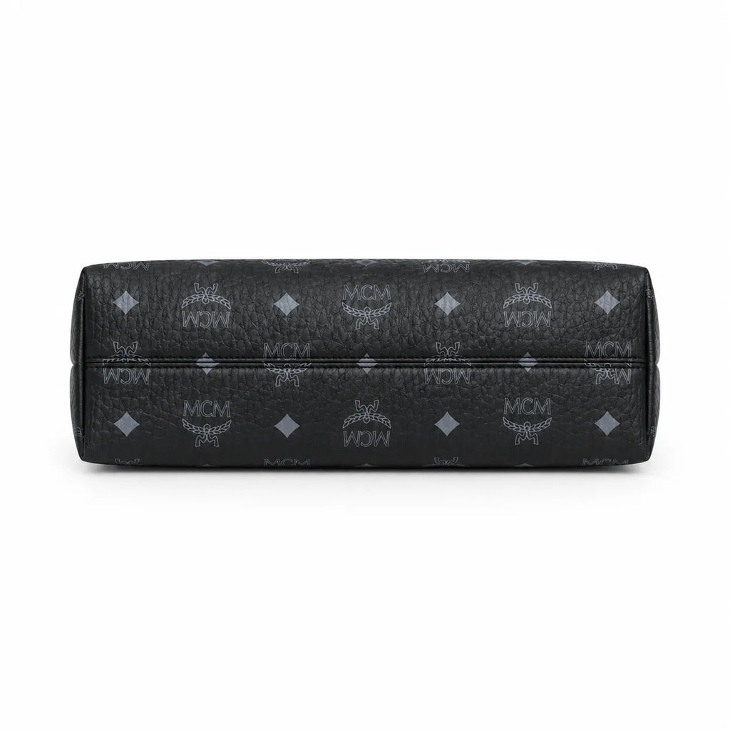 MCM Black Visetos Monogram Hobo Bag – Zip-Top Shoulder Bag with Gold-Tone Hardware and Lock Charm