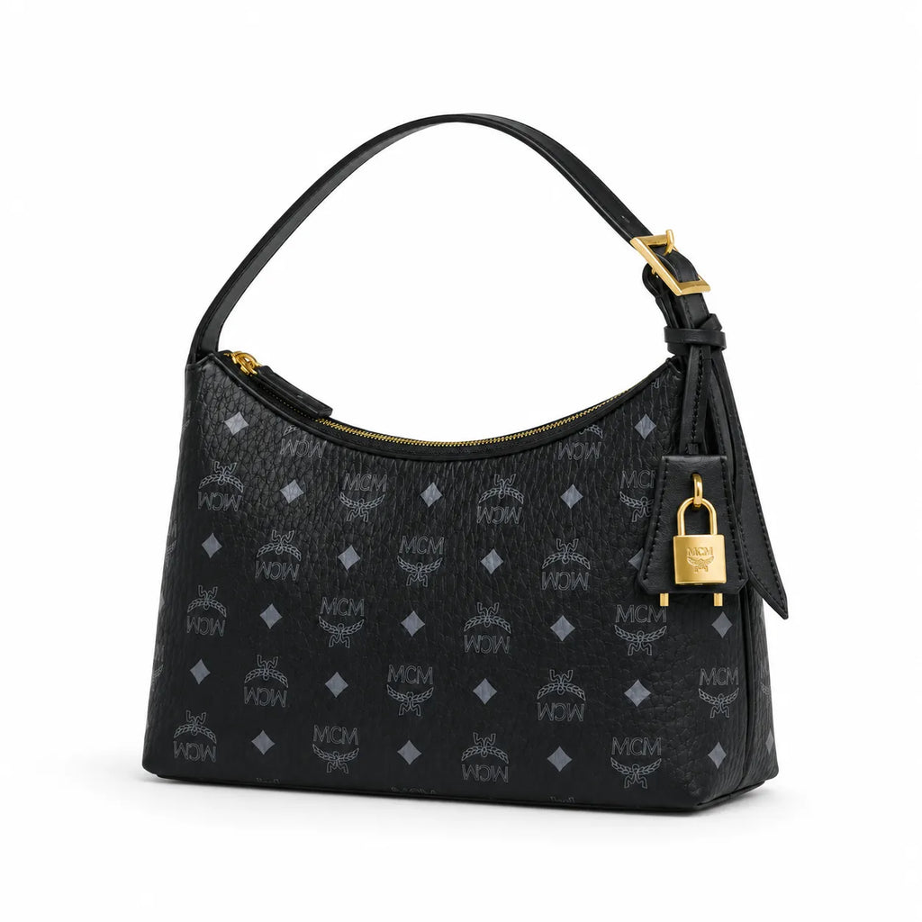 MCM Black Visetos Monogram Hobo Bag – Zip-Top Shoulder Bag with Gold-Tone Hardware and Lock Charm