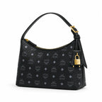 MCM Black Visetos Monogram Hobo Bag – Zip-Top Shoulder Bag with Gold-Tone Hardware and Lock Charm
