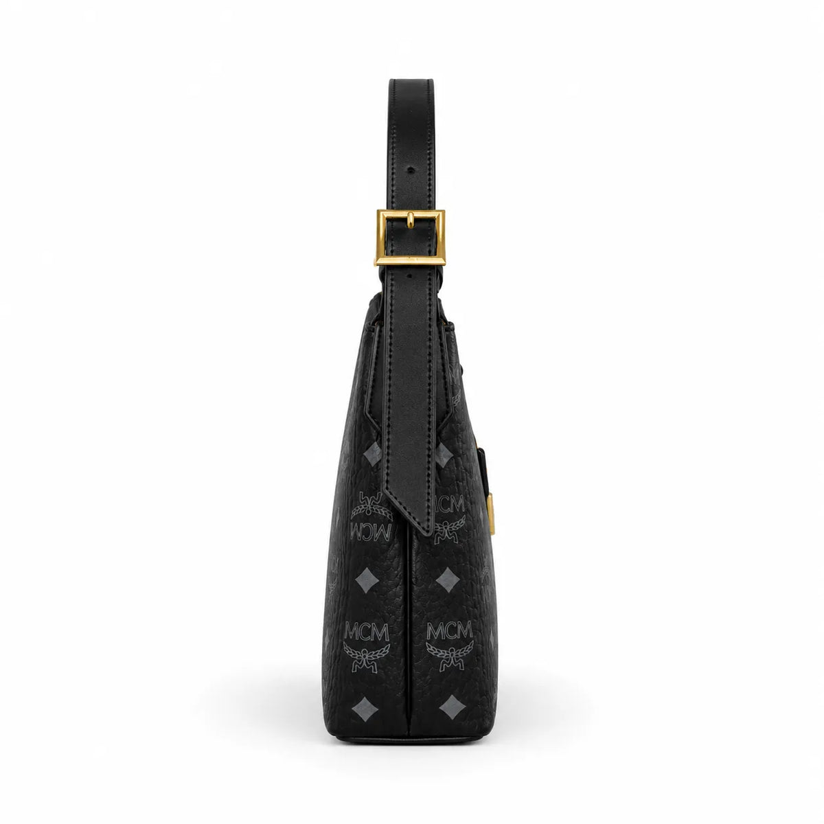 MCM Black Visetos Monogram Hobo Bag – Zip-Top Shoulder Bag with Gold-Tone Hardware and Lock Charm