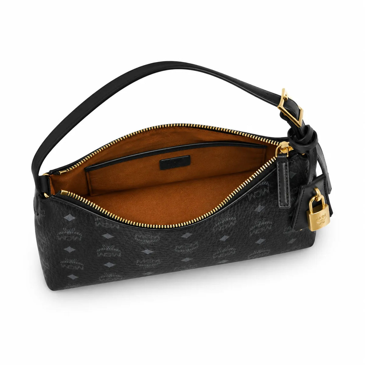 MCM Black Visetos Monogram Hobo Bag – Zip-Top Shoulder Bag with Gold-Tone Hardware and Lock Charm