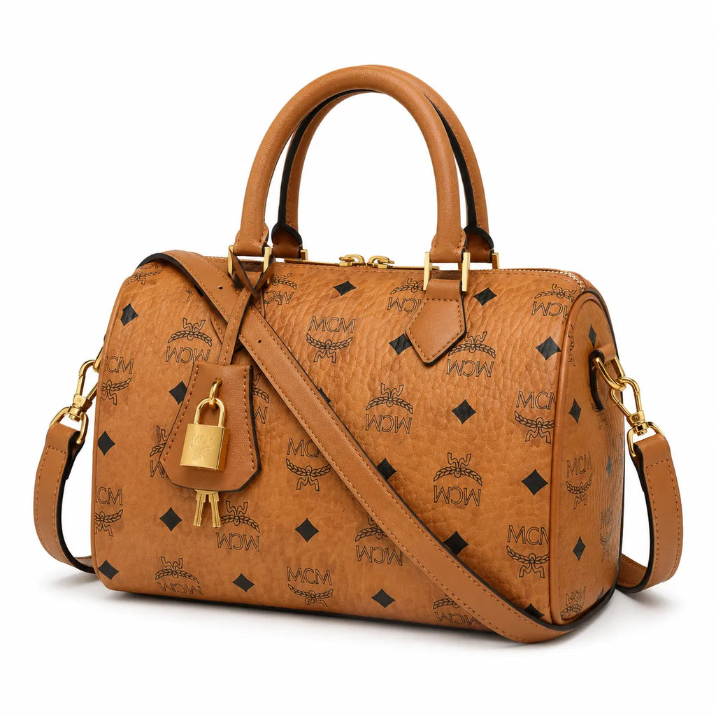 MCM Cognac Visetos Boston Bag – Brown Monogram Top Handle Satchel with Detachable Shoulder Strap
