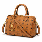 MCM Cognac Visetos Boston Bag – Brown Monogram Top Handle Satchel with Detachable Shoulder Strap