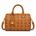 MCM Cognac Visetos Boston Bag – Brown Monogram Top Handle Satchel with Detachable Shoulder Strap