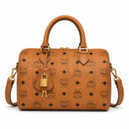 MCM Cognac Visetos Boston Bag – Brown Monogram Top Handle Satchel with Detachable Shoulder Strap