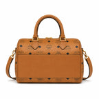 MCM Cognac Visetos Boston Bag – Brown Monogram Top Handle Satchel with Detachable Shoulder Strap