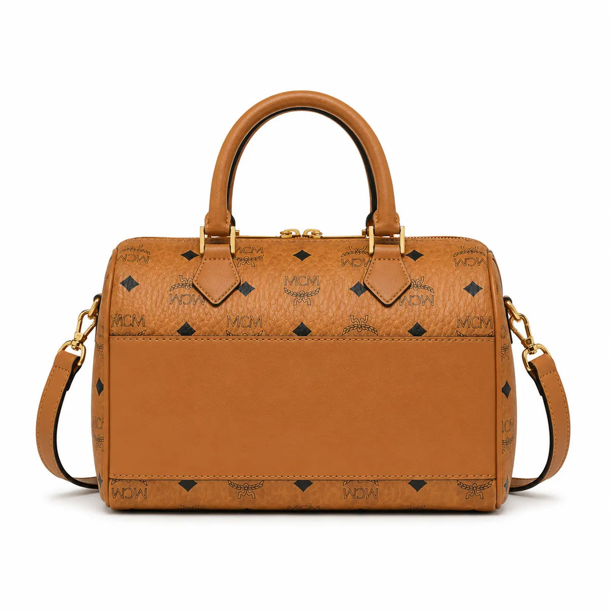 MCM Cognac Visetos Boston Bag – Brown Monogram Top Handle Satchel with Detachable Shoulder Strap