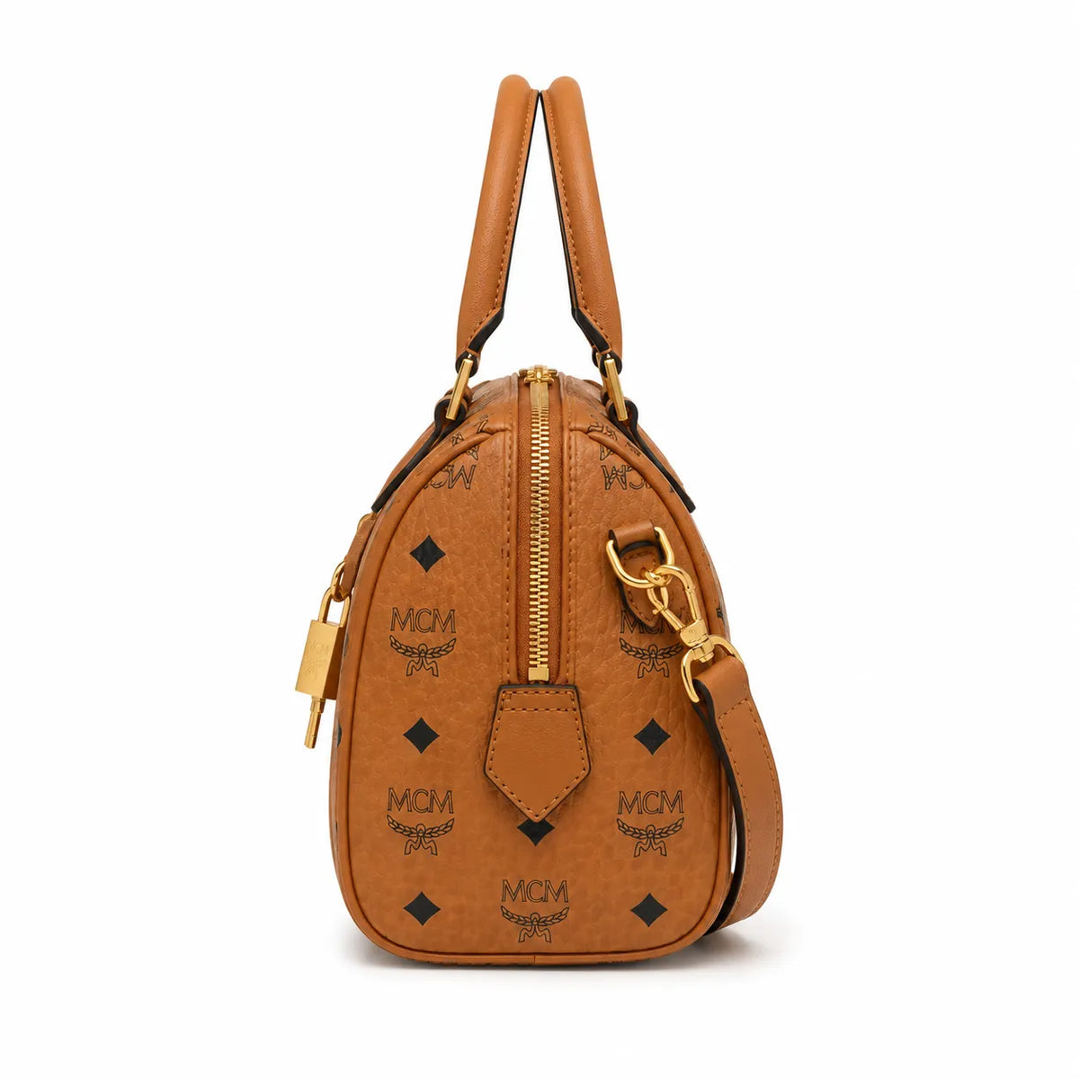 MCM Cognac Visetos Boston Bag – Brown Monogram Top Handle Satchel with Detachable Shoulder Strap
