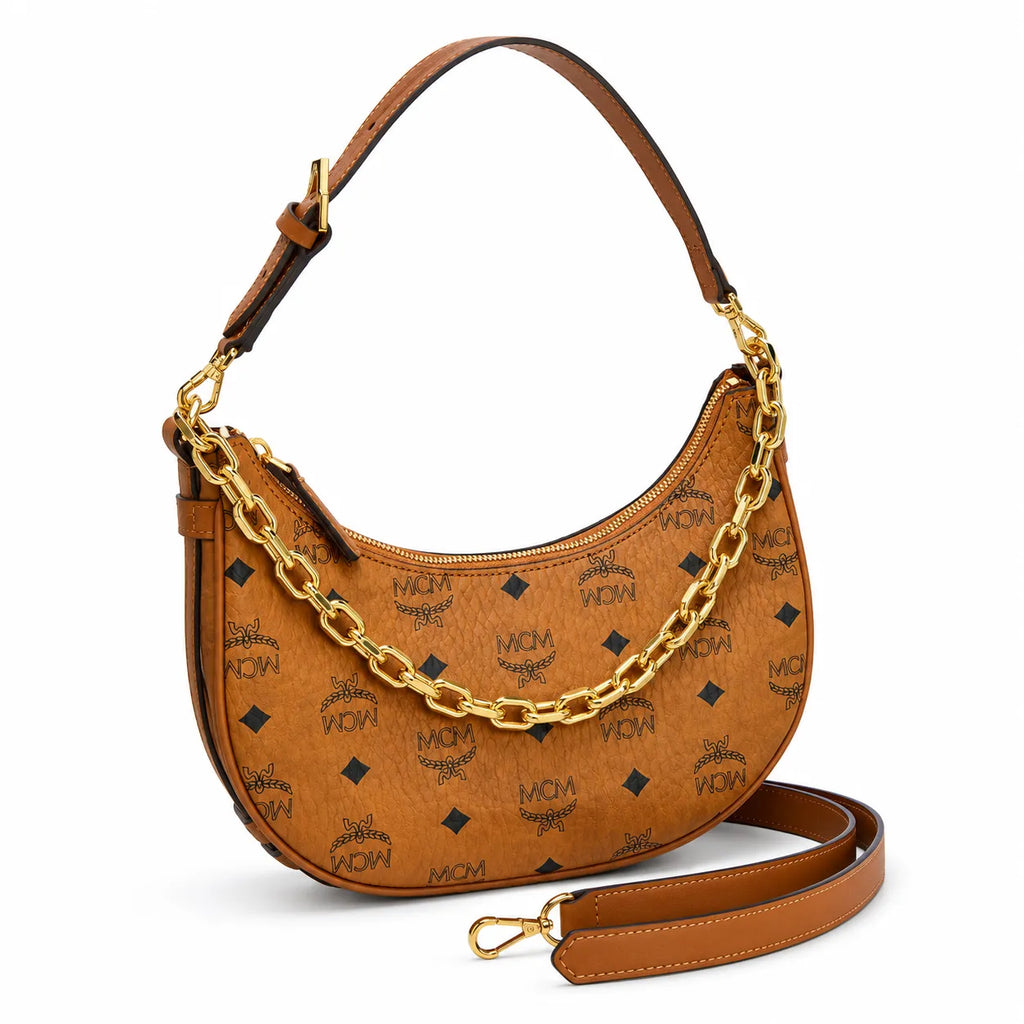 MCM Cognac Visetos Hobo Bag – Brown Monogram Shoulder Bag with Gold-Tone Chain Strap