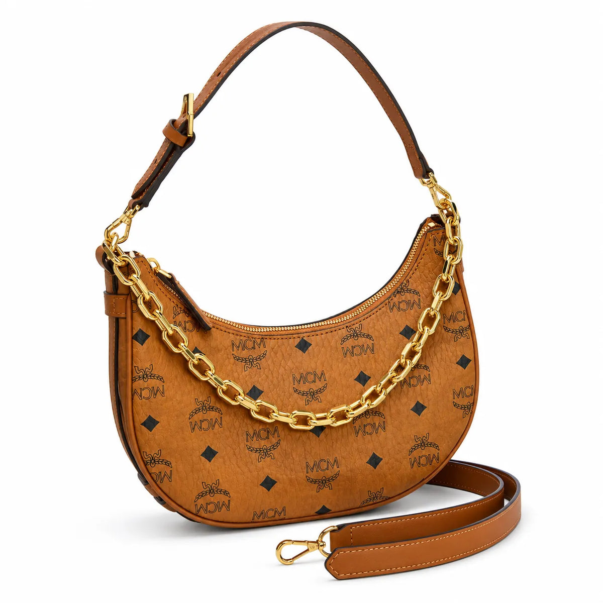 MCM Cognac Visetos Hobo Bag – Brown Monogram Shoulder Bag with Gold-Tone Chain Strap