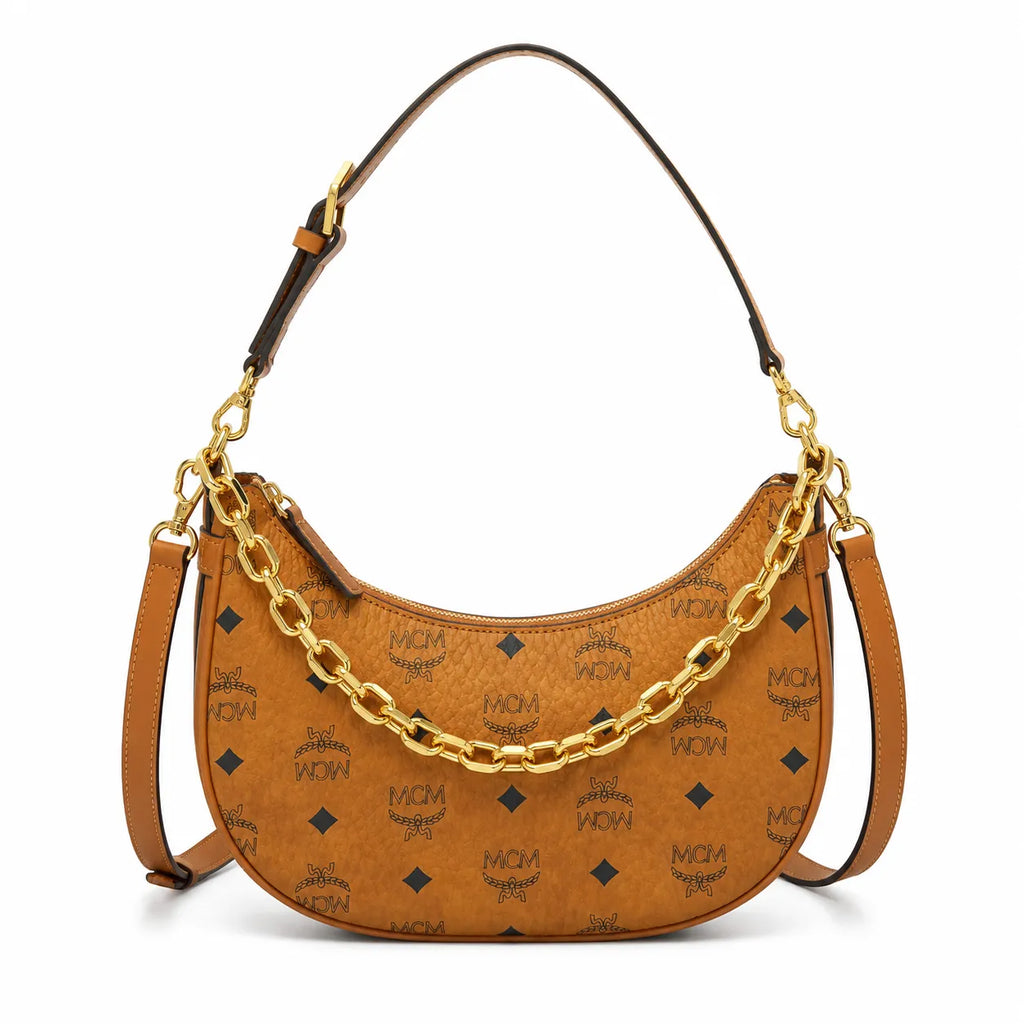 MCM Cognac Visetos Hobo Bag – Brown Monogram Shoulder Bag with Gold-Tone Chain Strap
