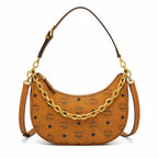 MCM Cognac Visetos Hobo Bag – Brown Monogram Shoulder Bag with Gold-Tone Chain Strap