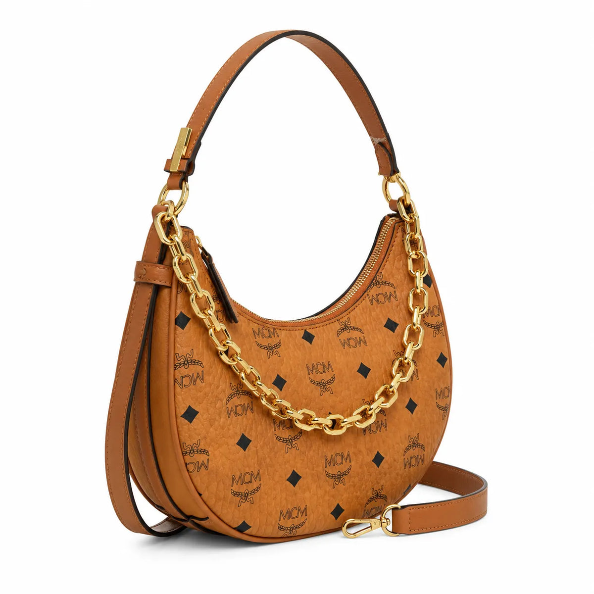 MCM Cognac Visetos Hobo Bag – Brown Monogram Shoulder Bag with Gold-Tone Chain Strap