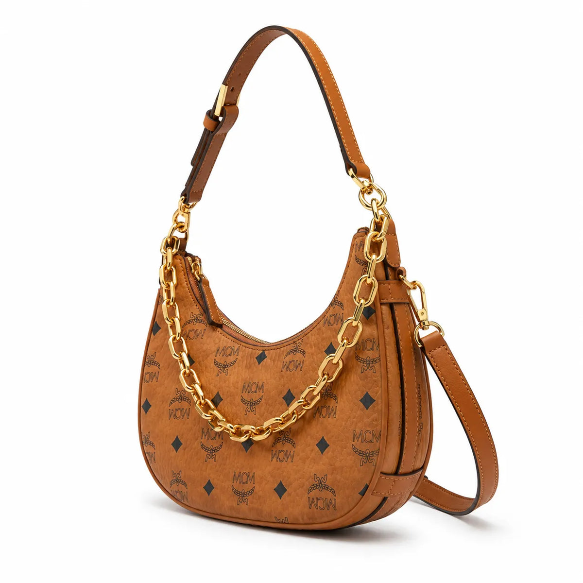 MCM Cognac Visetos Hobo Bag – Brown Monogram Shoulder Bag with Gold-Tone Chain Strap