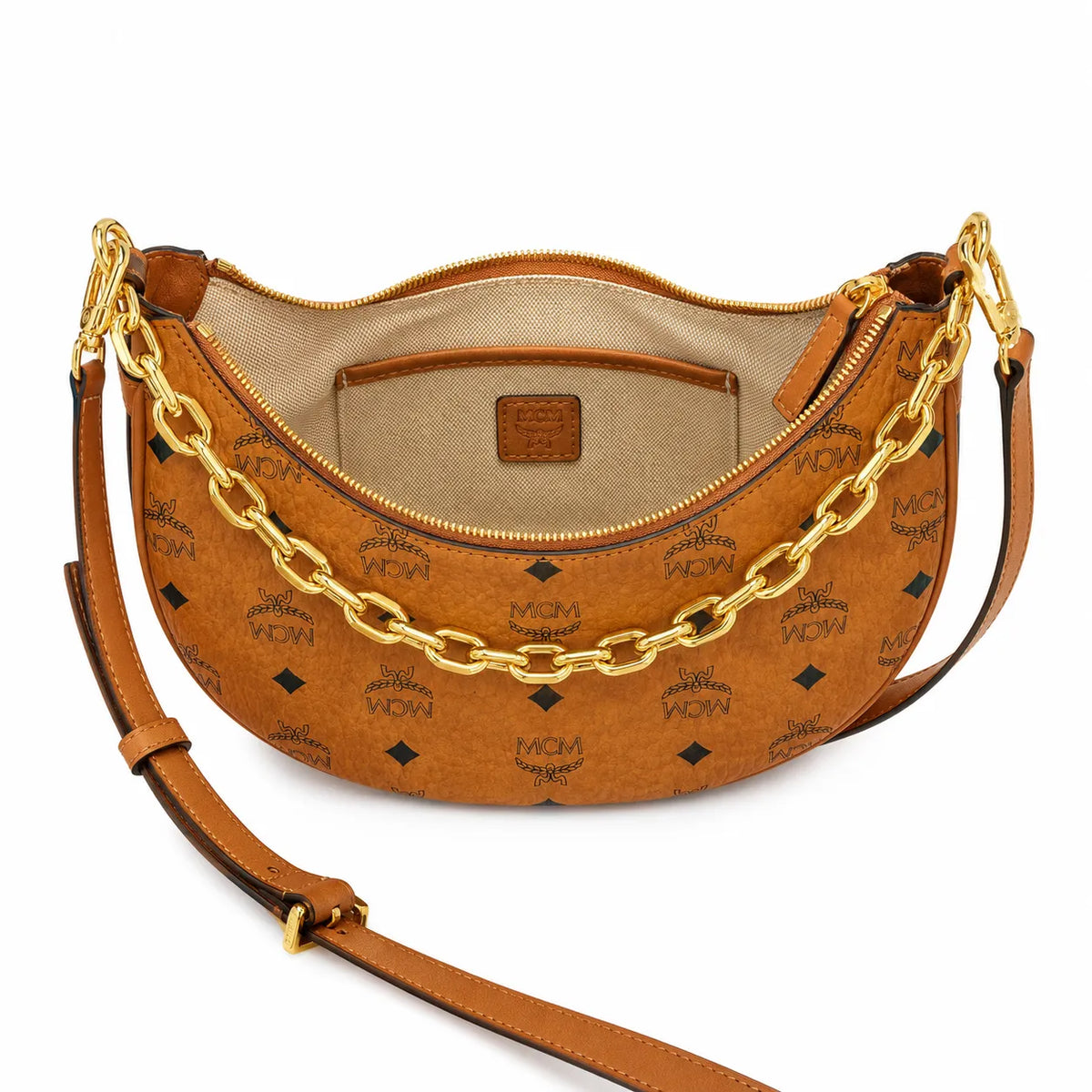 MCM Cognac Visetos Hobo Bag – Brown Monogram Shoulder Bag with Gold-Tone Chain Strap