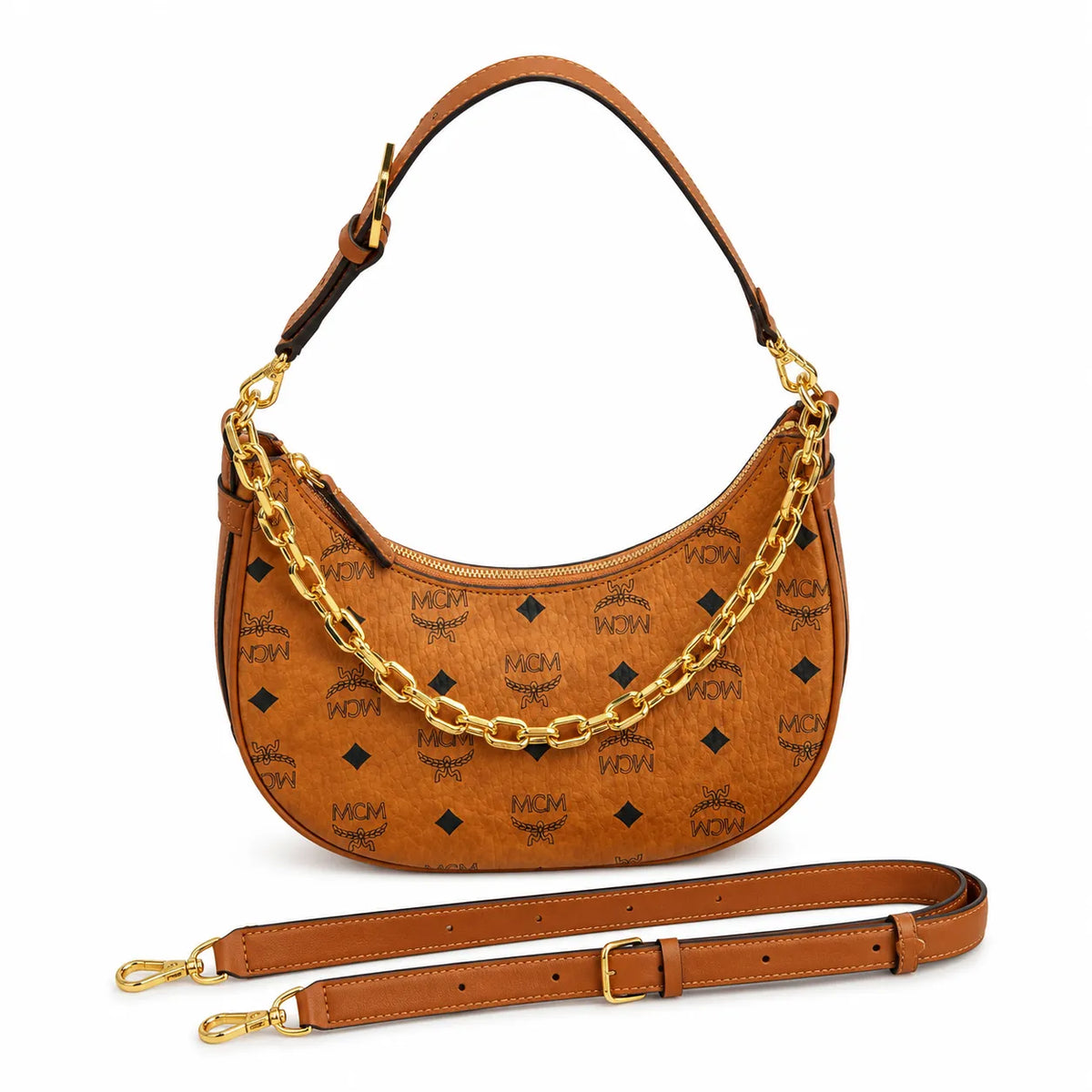 MCM Cognac Visetos Hobo Bag – Brown Monogram Shoulder Bag with Gold-Tone Chain Strap