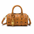 MCM Classic Visetos Boston Bag Mini | Cognac Coated Canvas Lock Crossbody Handbag — Dry Cognac
