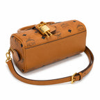 MCM Classic Visetos Boston Bag Mini | Cognac Coated Canvas Lock Crossbody Handbag — Dry Cognac