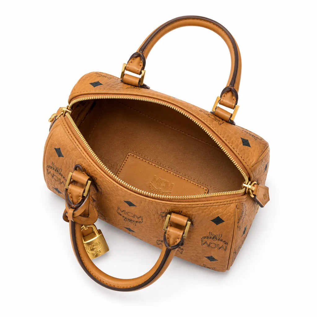 MCM Classic Visetos Boston Bag Mini | Cognac Coated Canvas Lock Crossbody Handbag — Dry Cognac