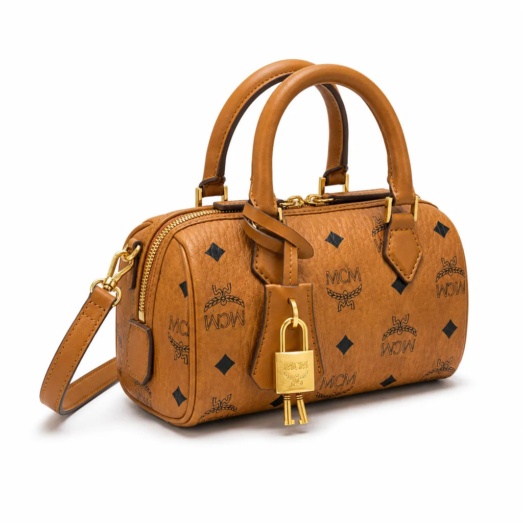 MCM Classic Visetos Boston Bag Mini | Cognac Coated Canvas Lock Crossbody Handbag — Dry Cognac