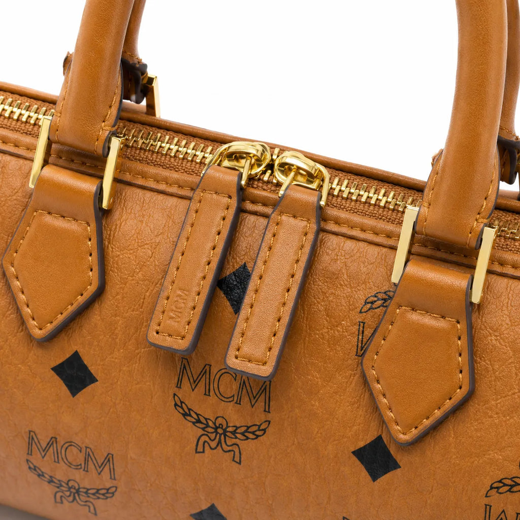 MCM Classic Visetos Boston Bag Mini | Cognac Coated Canvas Lock Crossbody Handbag — Dry Cognac