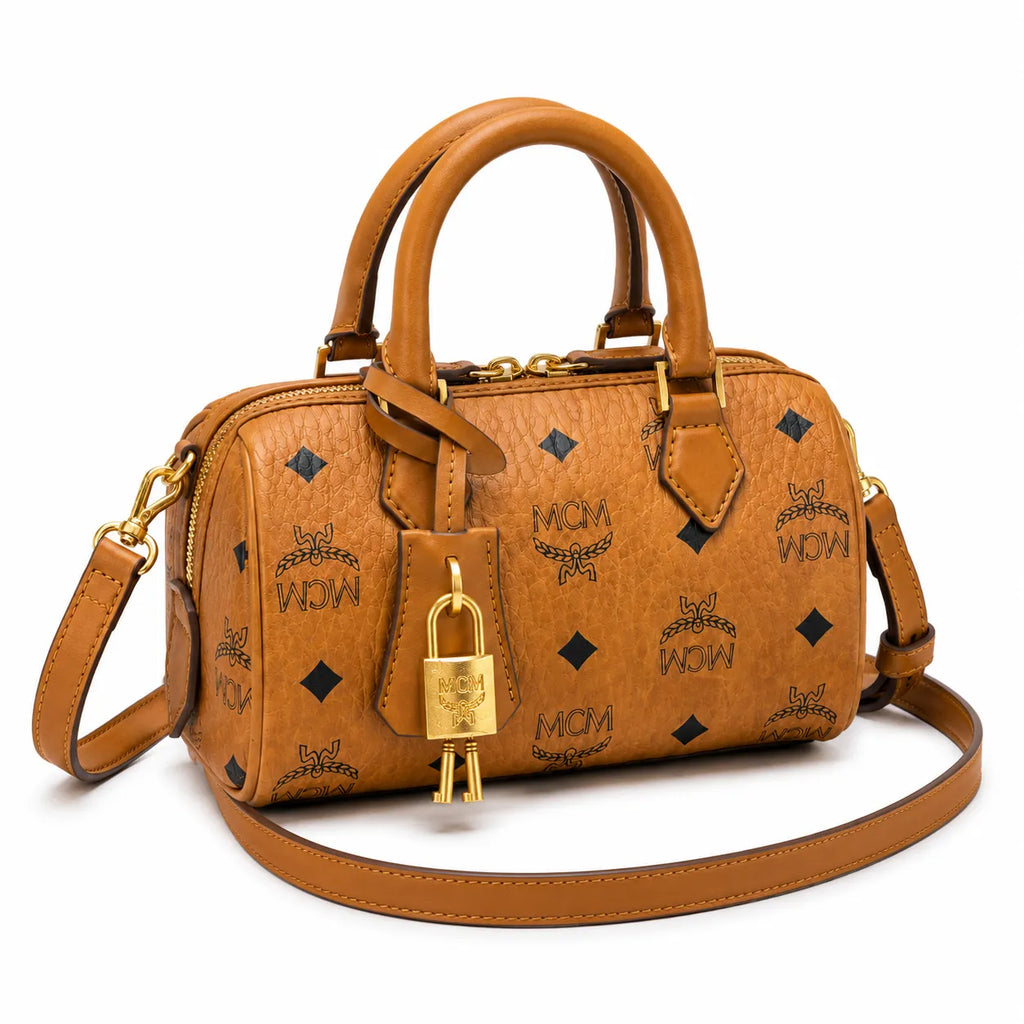 MCM Classic Visetos Boston Bag Mini | Cognac Coated Canvas Lock Crossbody Handbag — Dry Cognac