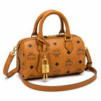 MCM Classic Visetos Boston Bag Mini | Cognac Coated Canvas Lock Crossbody Handbag — Dry Cognac