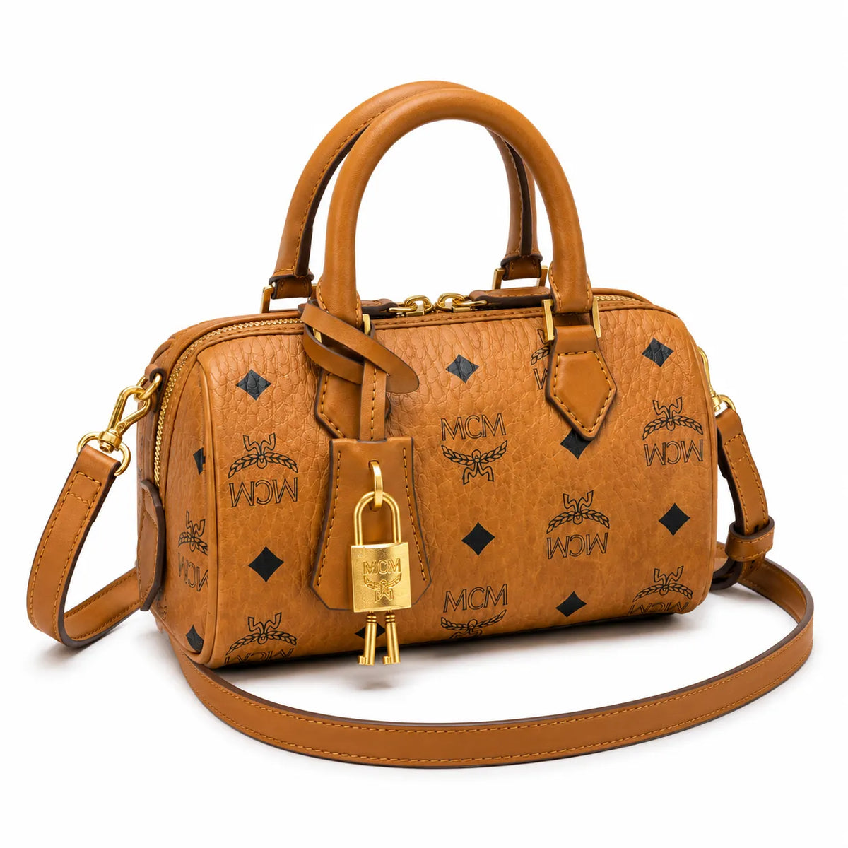 MCM Classic Visetos Boston Bag Mini | Cognac Coated Canvas Lock Crossbody Handbag — Dry Cognac