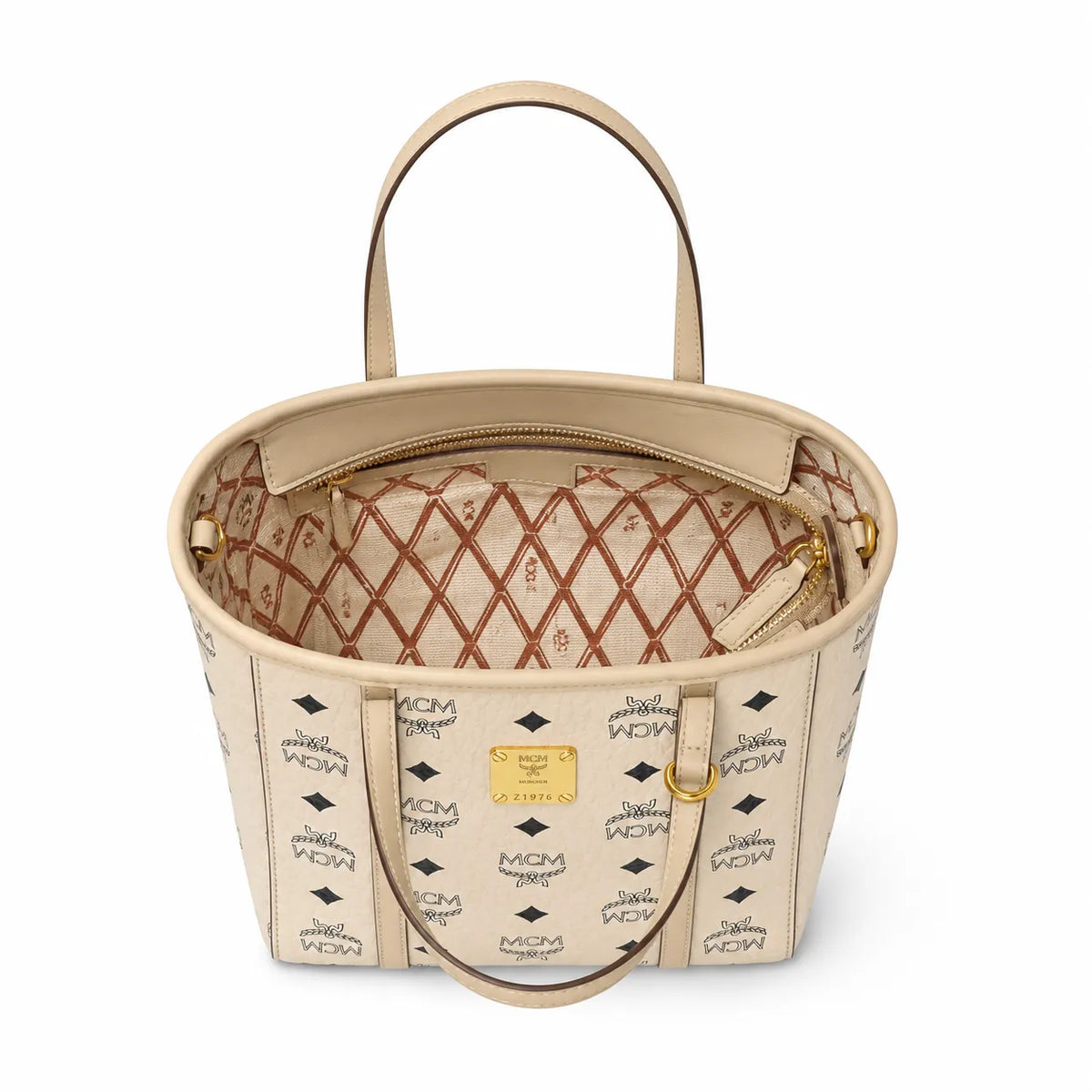 MCM Liz Visetos Reversible Shopper Tote Bag | Medium Classic Cognac Canvas Tote with Removable Pouch — Dry Cognac