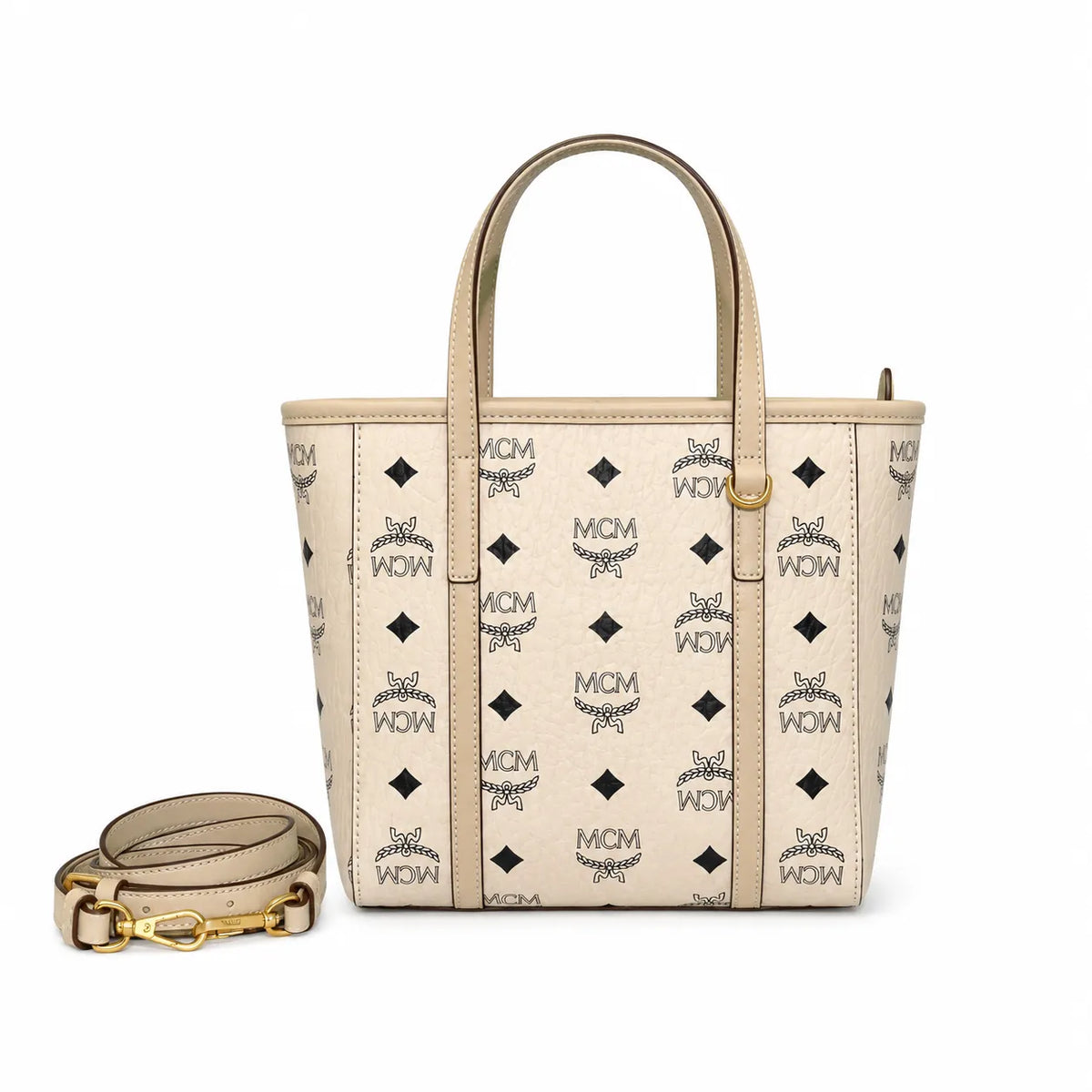 MCM Liz Visetos Reversible Shopper Tote Bag | Medium Classic Cognac Canvas Tote with Removable Pouch — Dry Cognac