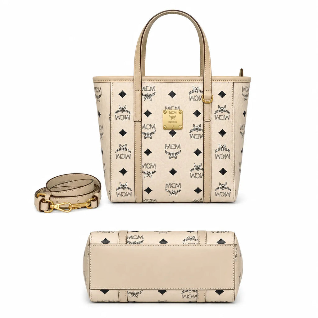 MCM Liz Visetos Reversible Shopper Tote Bag | Medium Classic Cognac Canvas Tote with Removable Pouch — Dry Cognac