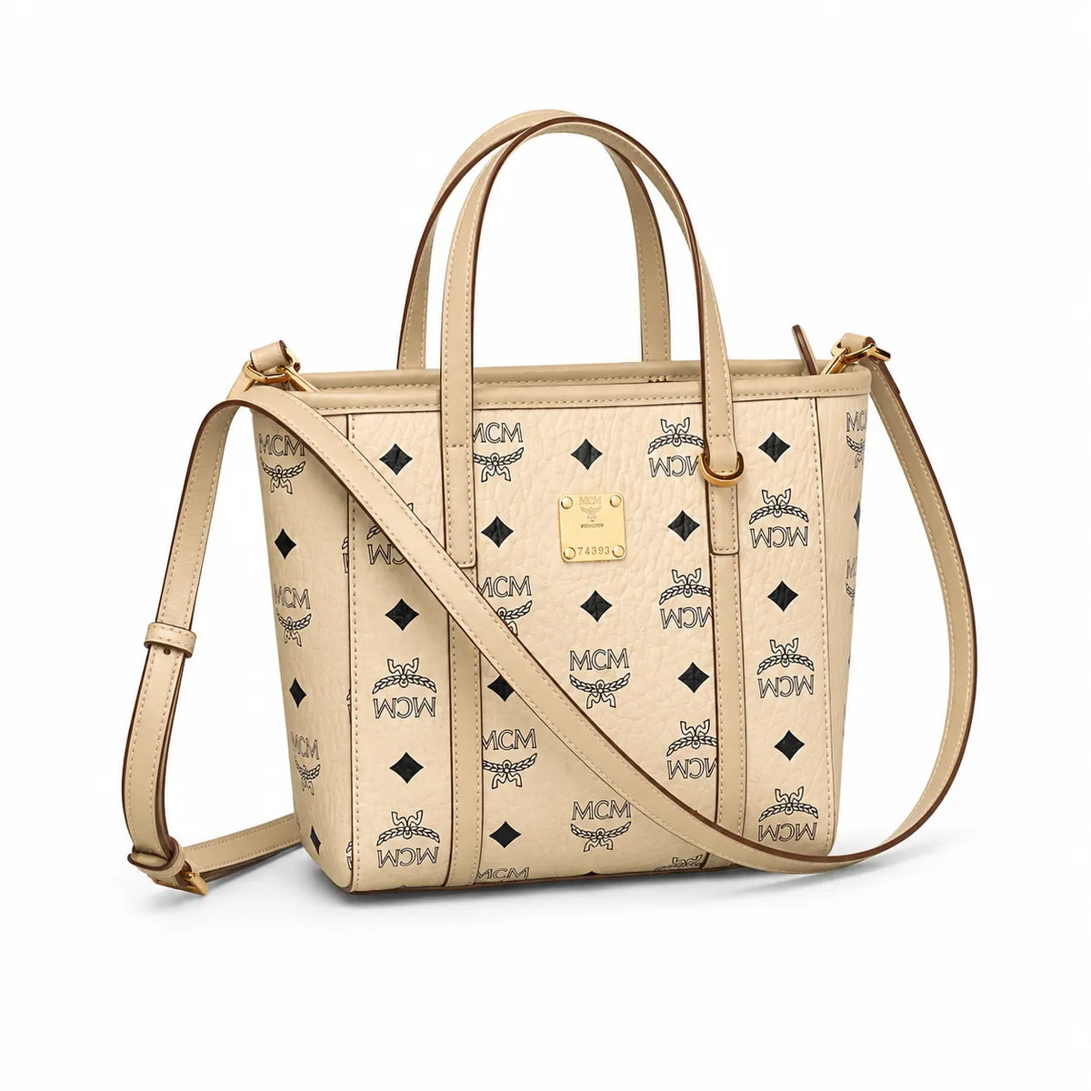 MCM Liz Visetos Reversible Shopper Tote Bag | Medium Classic Cognac Canvas Tote with Removable Pouch — Dry Cognac