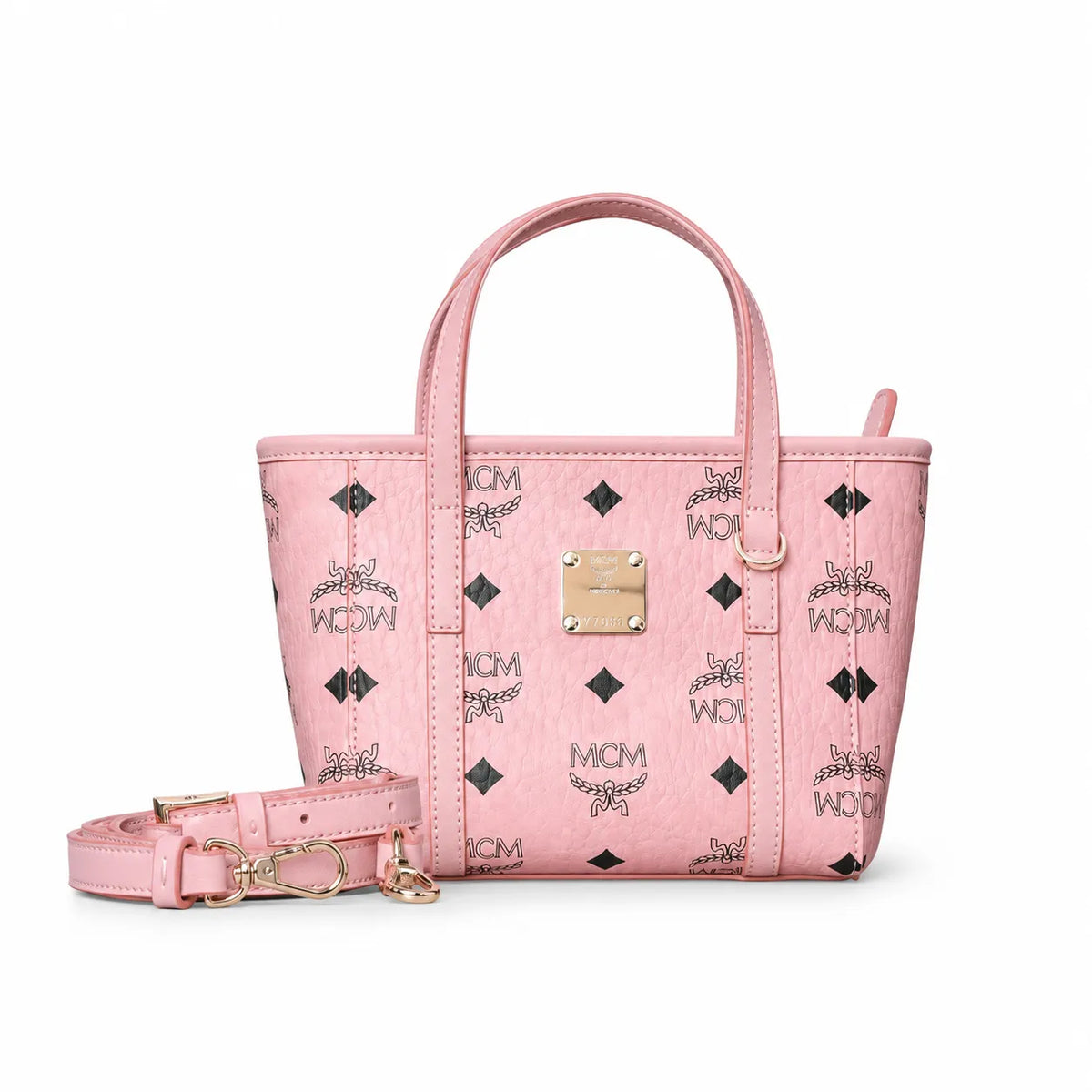 MCM Toni Visetos X-Mini Shopper Bag | Pink Monogram Tote with Removable Strap — Pink Rose/Gold