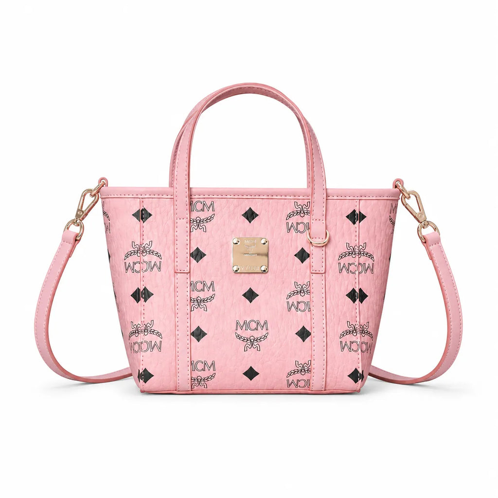 MCM Toni Visetos X-Mini Shopper Bag | Pink Monogram Tote with Removable Strap — Pink Rose/Gold