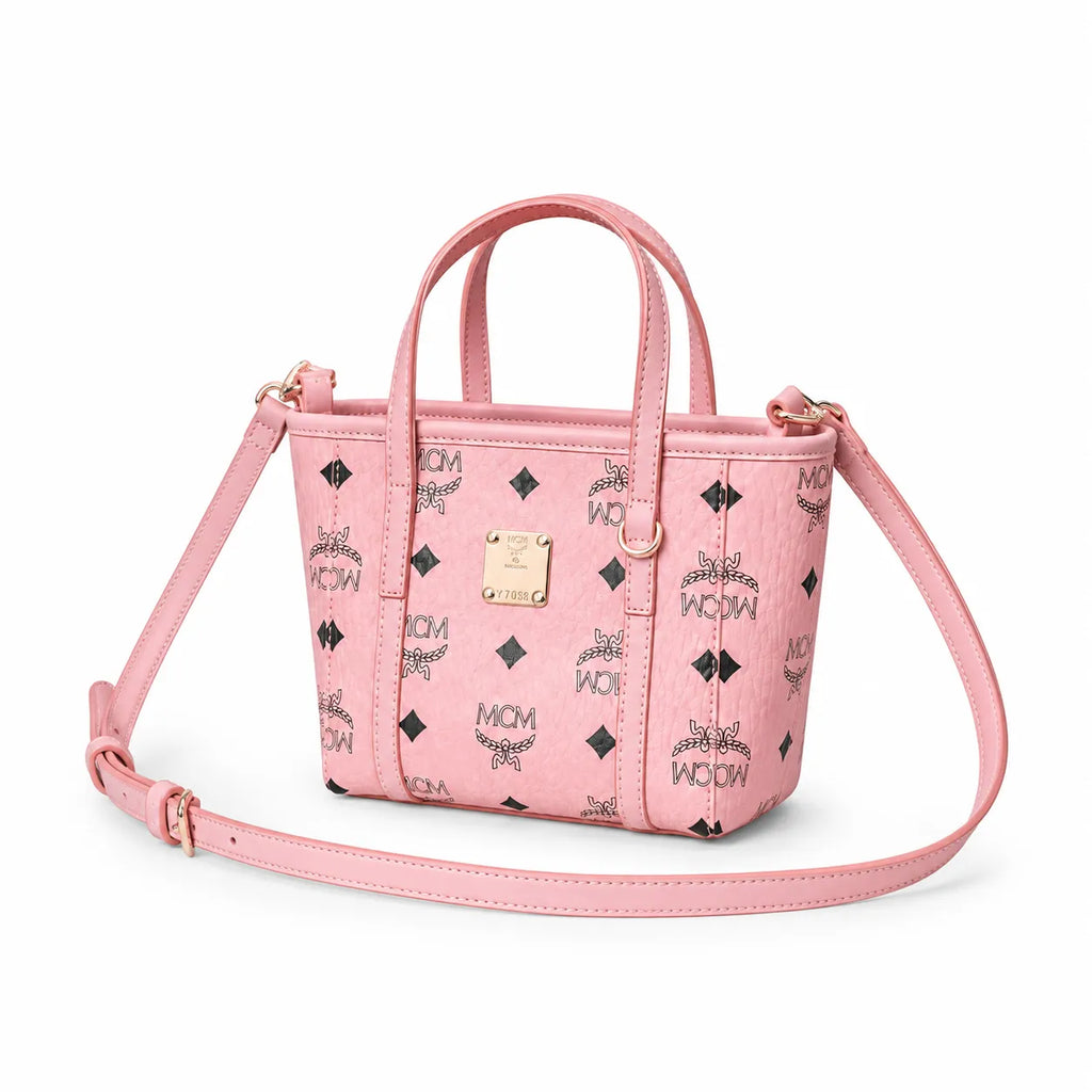 MCM Toni Visetos X-Mini Shopper Bag | Pink Monogram Tote with Removable Strap — Pink Rose/Gold