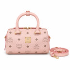 MCM Pink Visetos Boston Bag – Women's Monogram Top Handle Handbag with Detachable Shoulder Strap