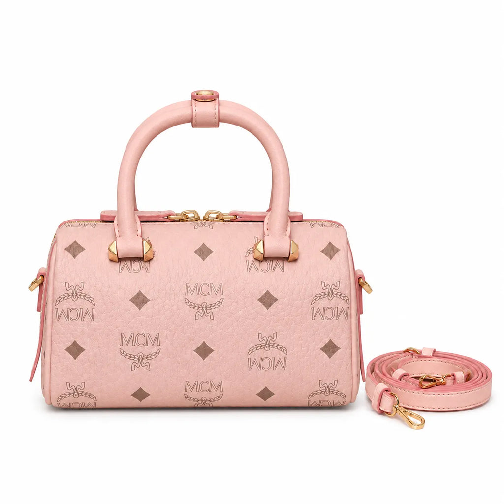 MCM Pink Visetos Boston Bag – Women's Monogram Top Handle Handbag with Detachable Shoulder Strap